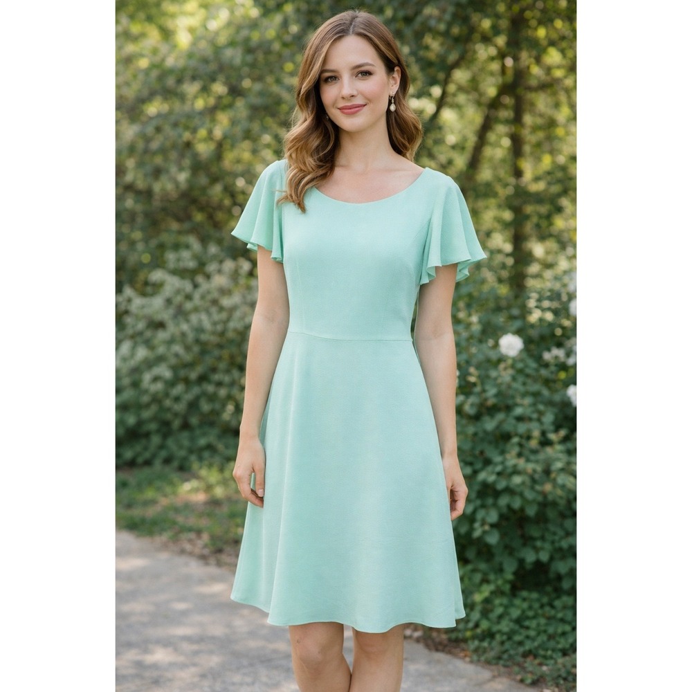 London Times Celedon Mint Green Ruffle‎ V-Back Fit and Flare Dress 12 NEW